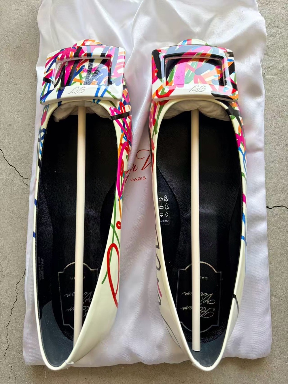 Roger Vivier White Multicolor Graffiti Buckle Ballet Flats
